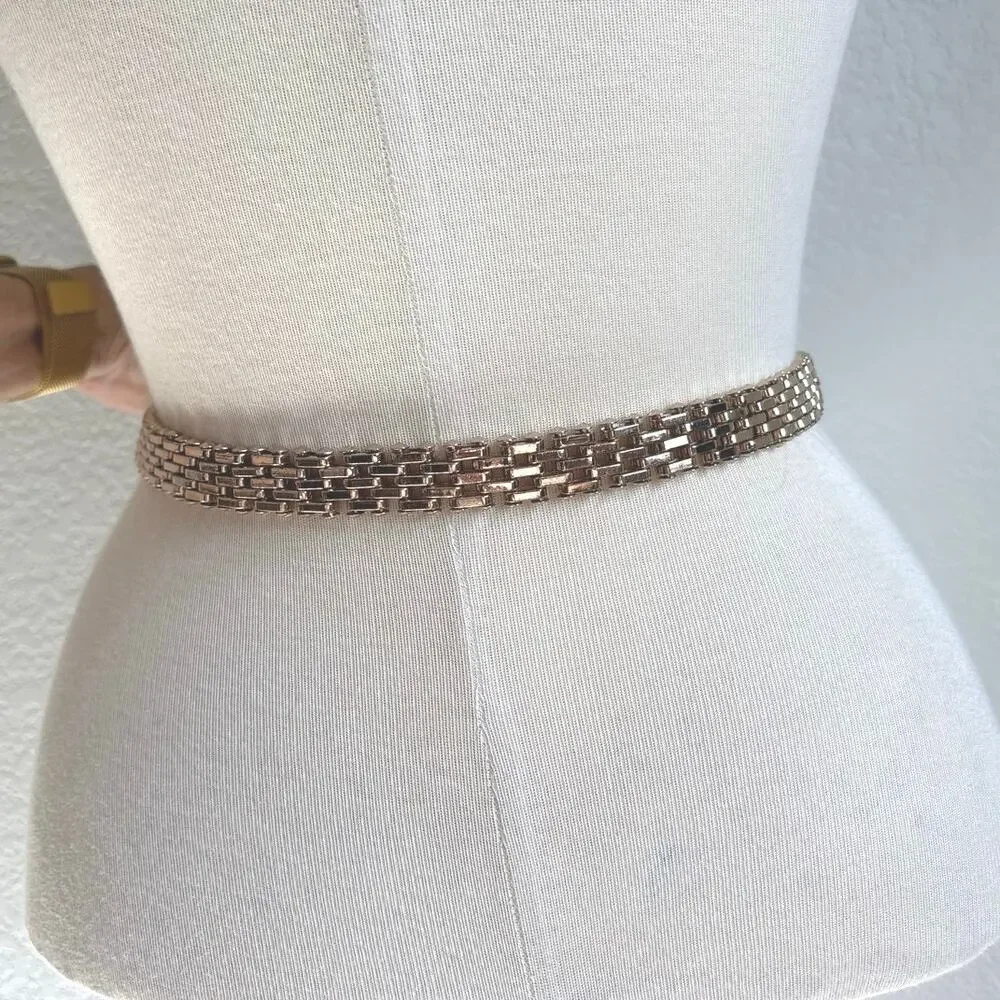 BCBGMaxAzria- Woman's Beige Leather-Trimmed Gold Chain-Link Belt Size Small